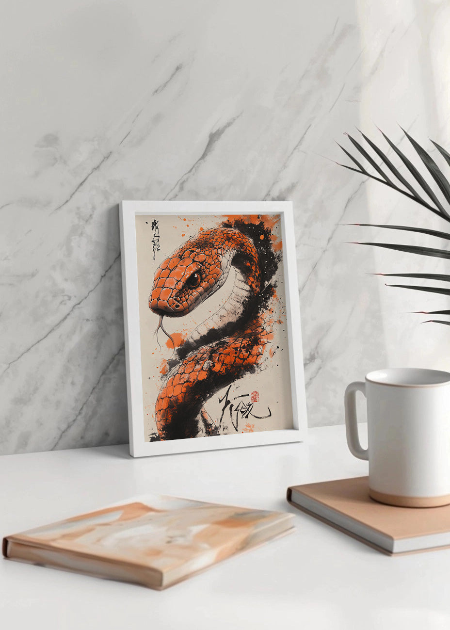 Cuadro Serpiente estilo japonés en color naranja