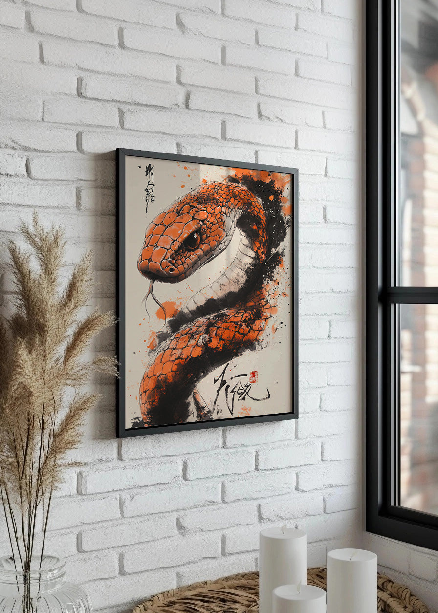 Cuadro Serpiente estilo japonés en color naranja
