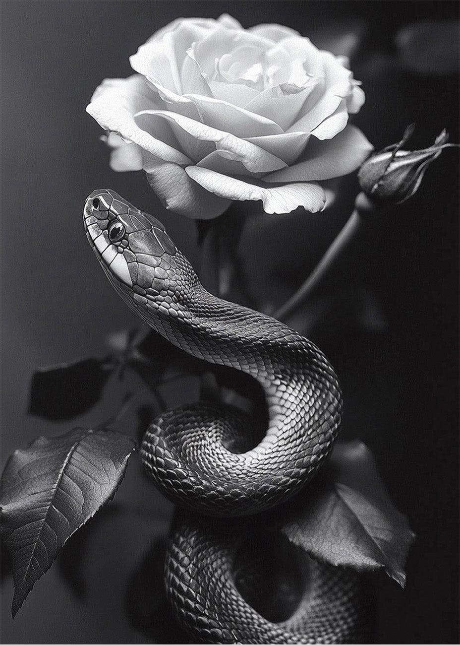 Cuadro Serpiente hiperrealista con rosa en blanco y negro