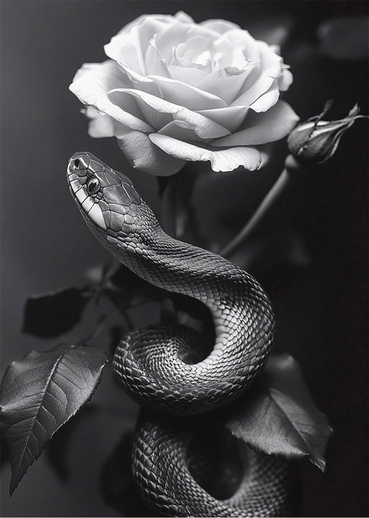 Cuadro Serpiente hiperrealista con rosa en blanco y negro