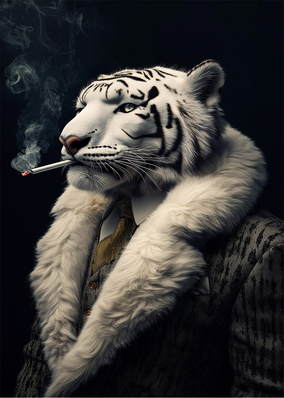 tiger smoking cigarette Albino tiger smoking dressed as a person Wall Art โค Art with a twist ๐ tiger smoking cigarette Albino tiger smoking dressed as a person Wall Art โค Art with a twist ๐