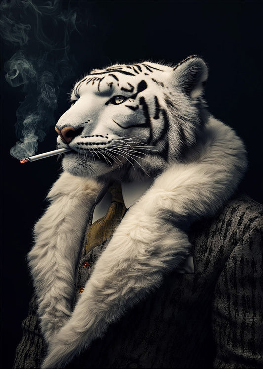 Cuadro Tigre albino fumando vestido de persona