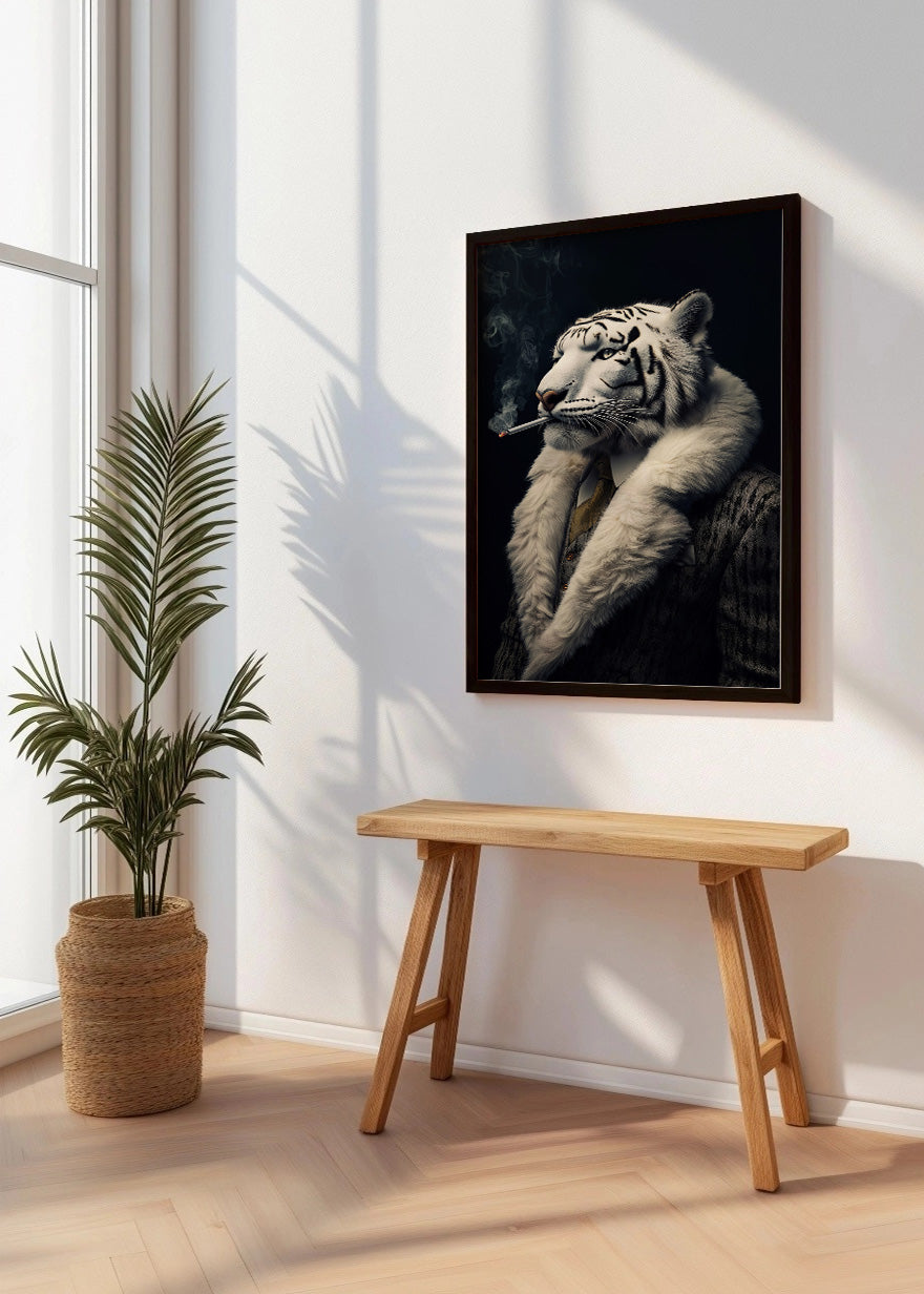 Cuadro Tigre albino fumando vestido de persona