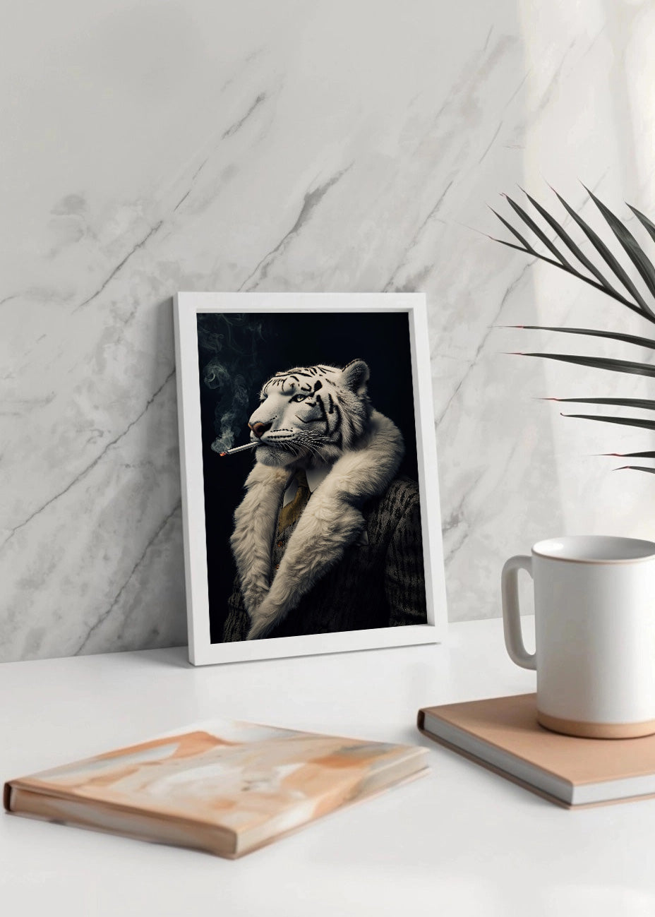 Cuadro Tigre albino fumando vestido de persona
