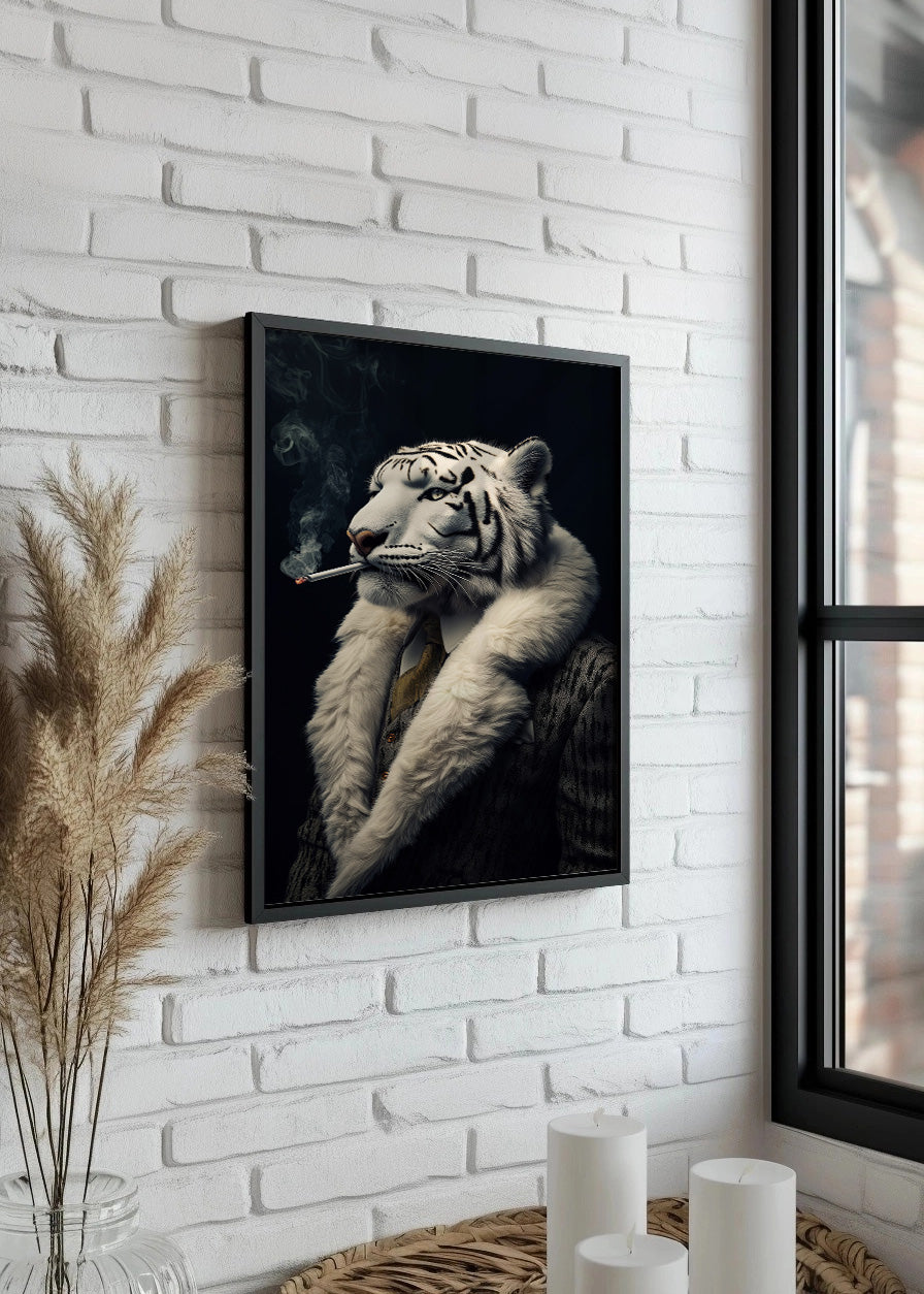 Cuadro Tigre albino fumando vestido de persona