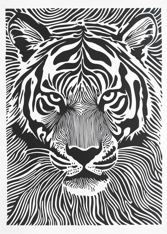 Cuadro Tigre diseño Linocut - blanco y negro