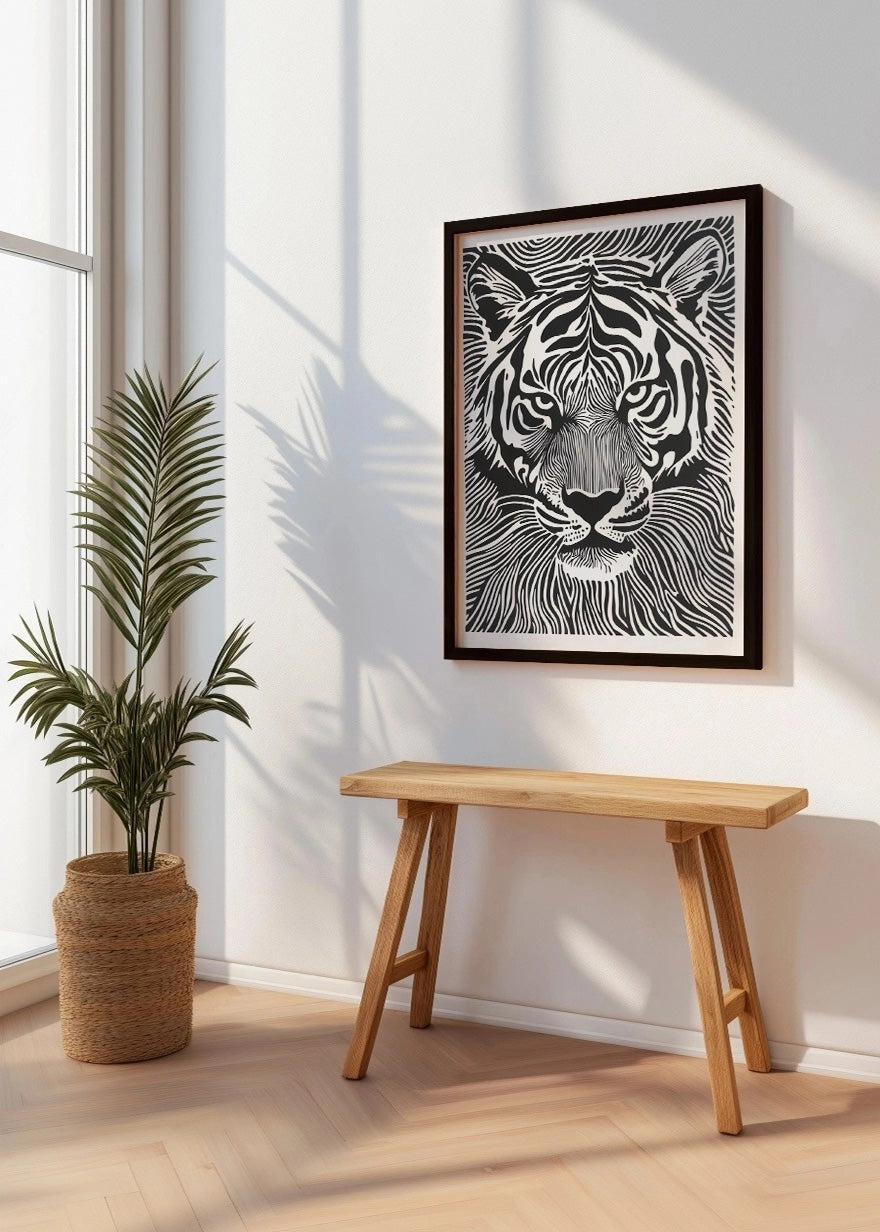 Cuadro Tigre diseño Linocut - blanco y negro