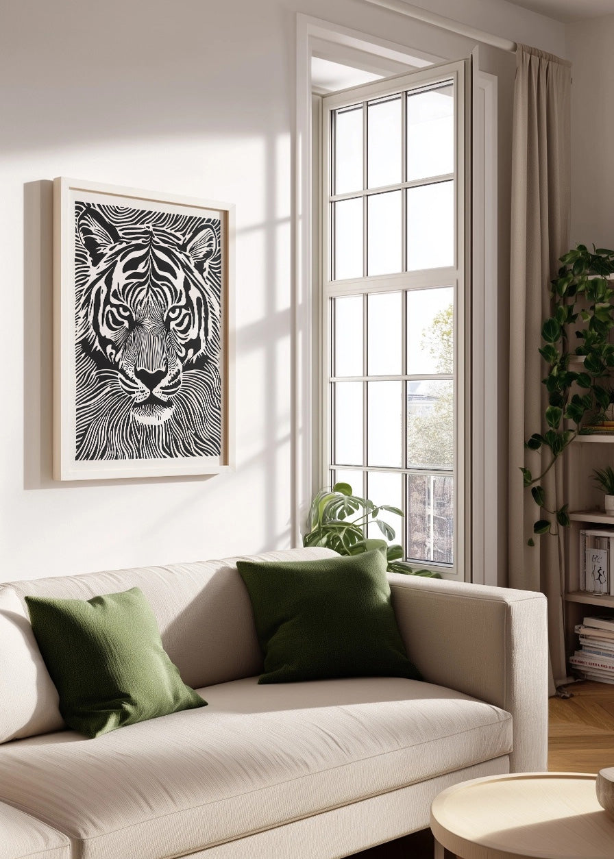 Cuadro Tigre diseño Linocut - blanco y negro