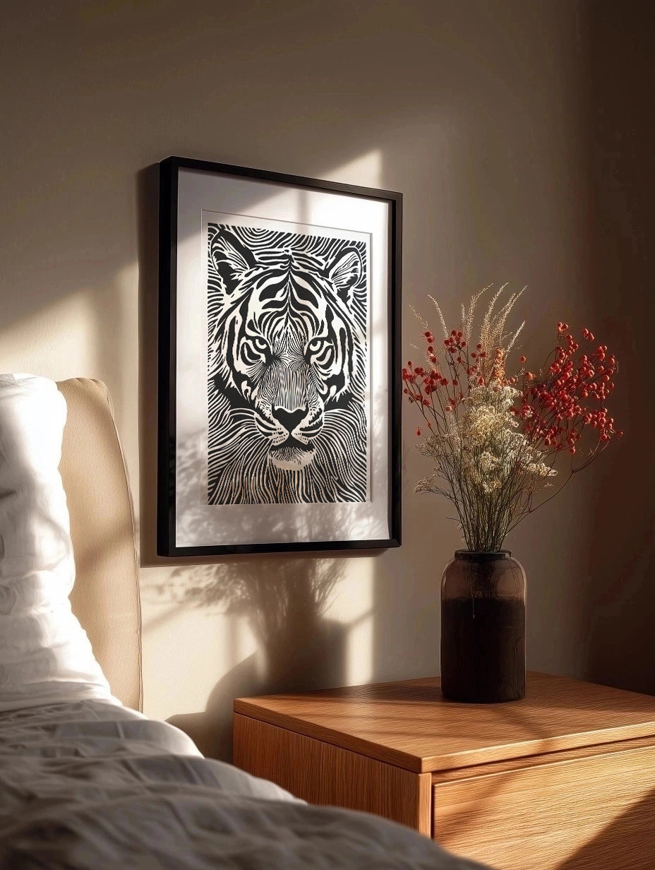 Cuadro Tigre diseño Linocut - blanco y negro