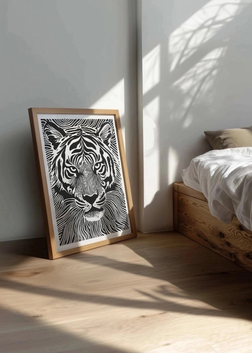 Cuadro Tigre diseño Linocut - blanco y negro