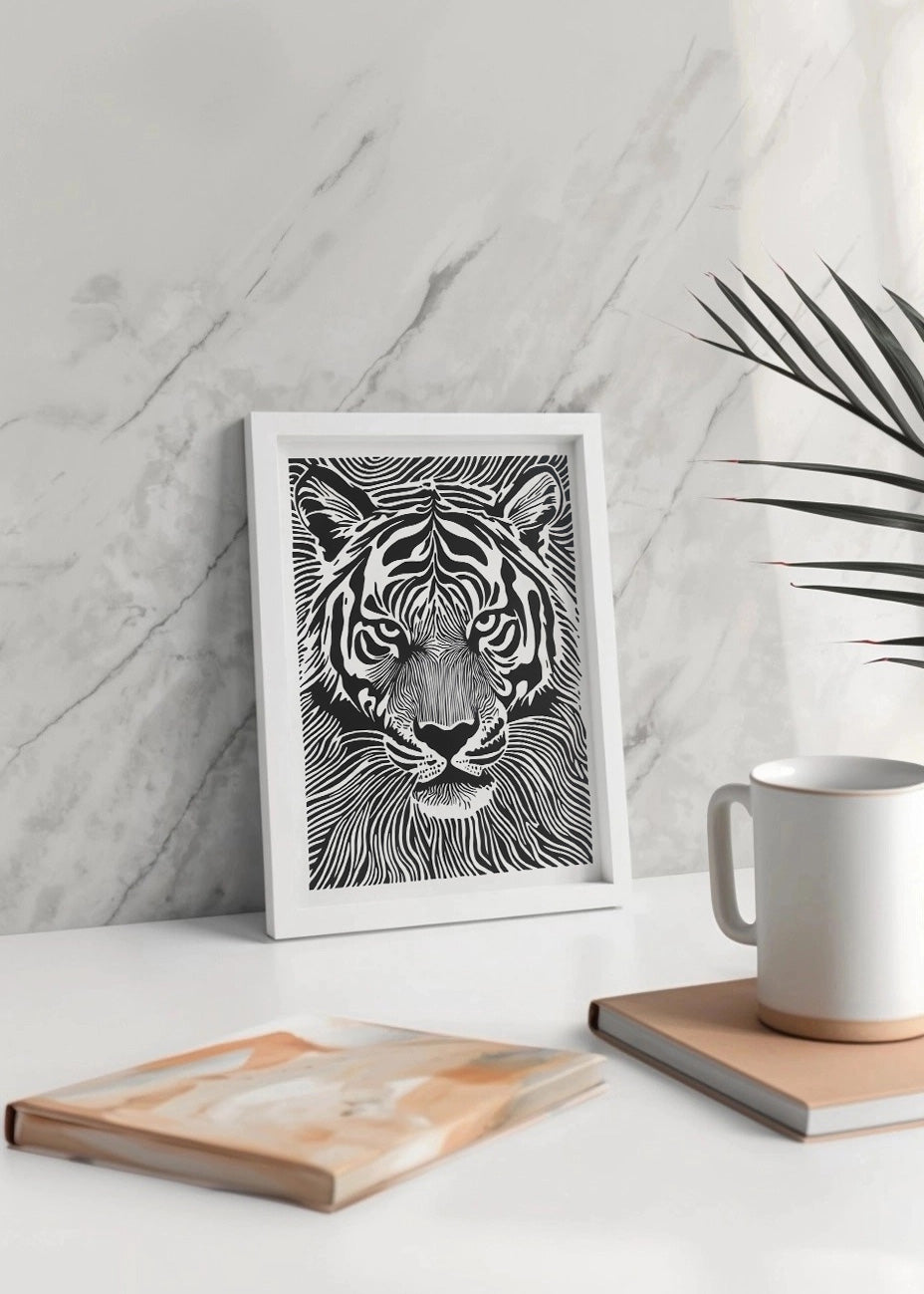 Cuadro Tigre diseño Linocut - blanco y negro