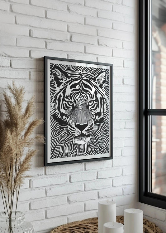 Cuadro Tigre diseño Linocut - blanco y negro