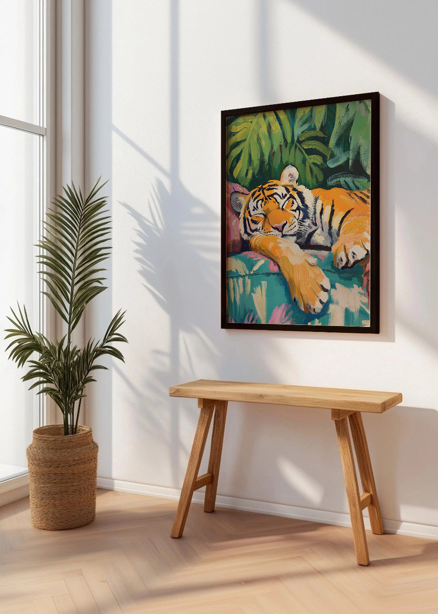Cuadro Tigre durmiendo sobre cojines pastel