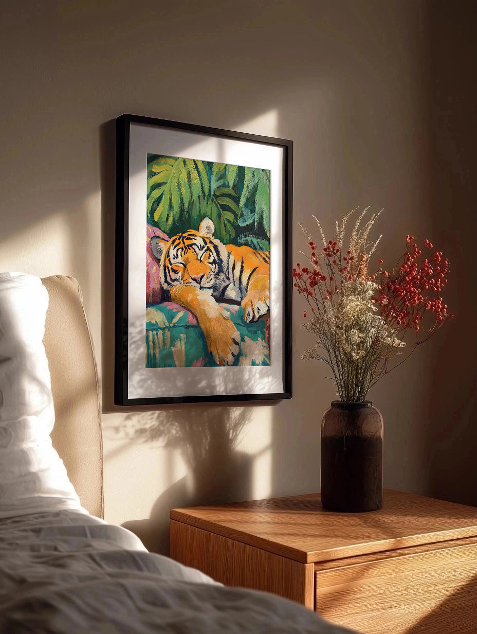 Cuadro Tigre durmiendo sobre cojines pastel