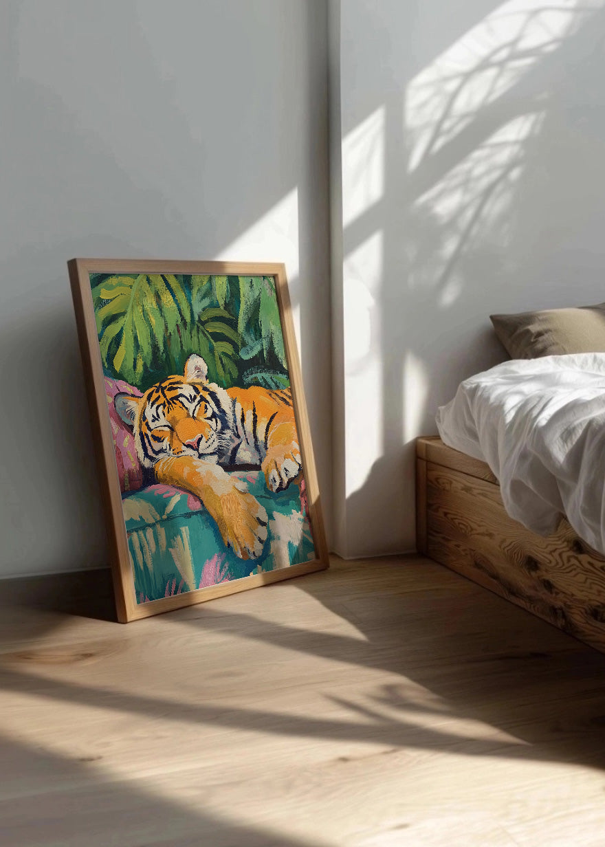 Cuadro Tigre durmiendo sobre cojines pastel