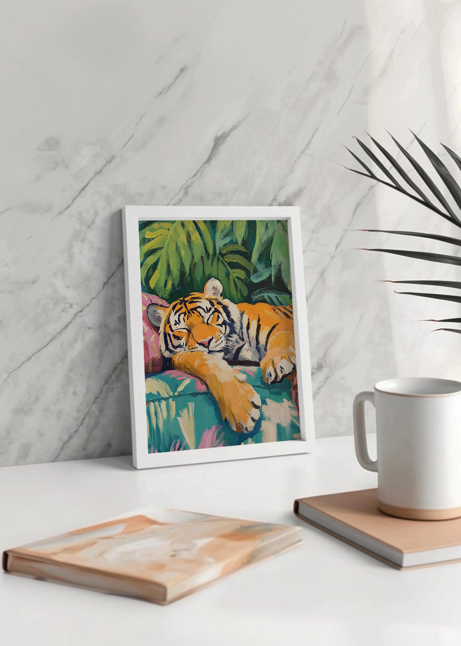 Cuadro Tigre durmiendo sobre cojines pastel