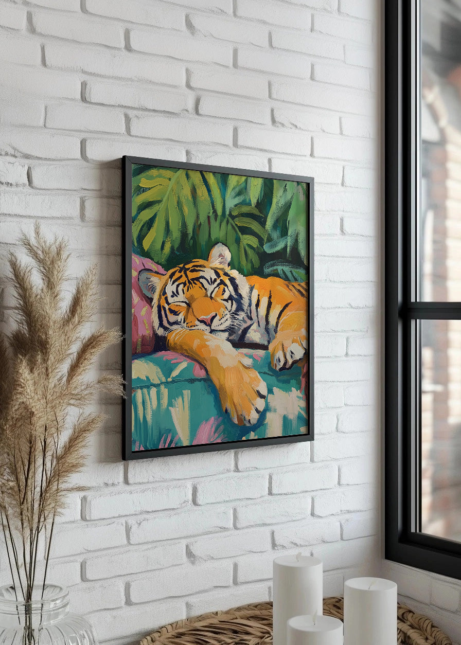 Cuadro Tigre durmiendo sobre cojines pastel