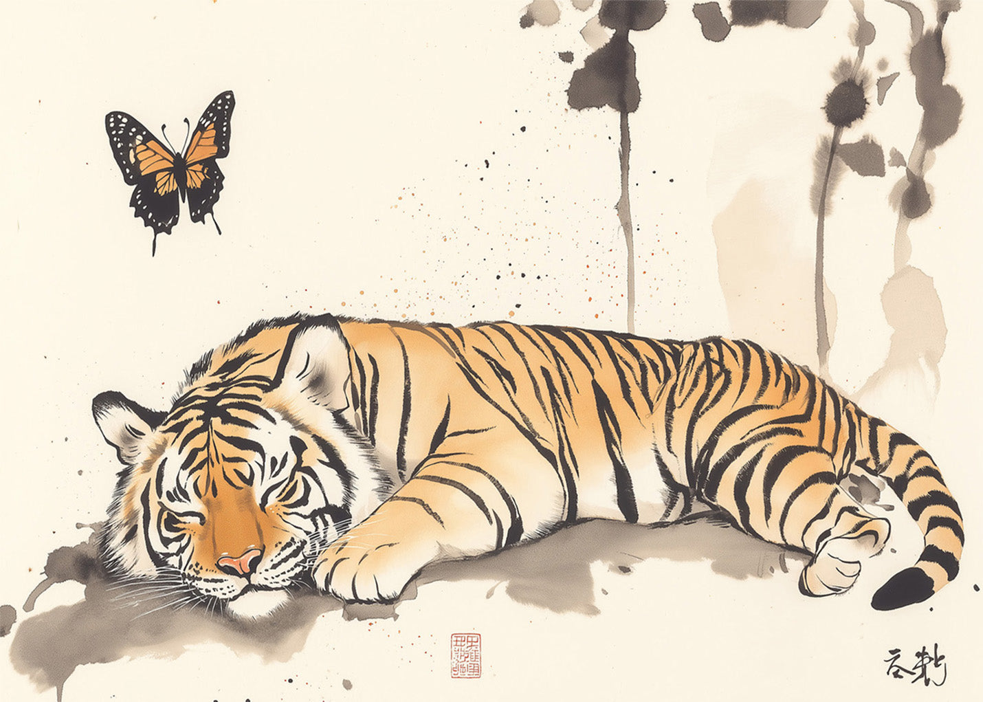 Cuadro Tigre japonés con mariposas