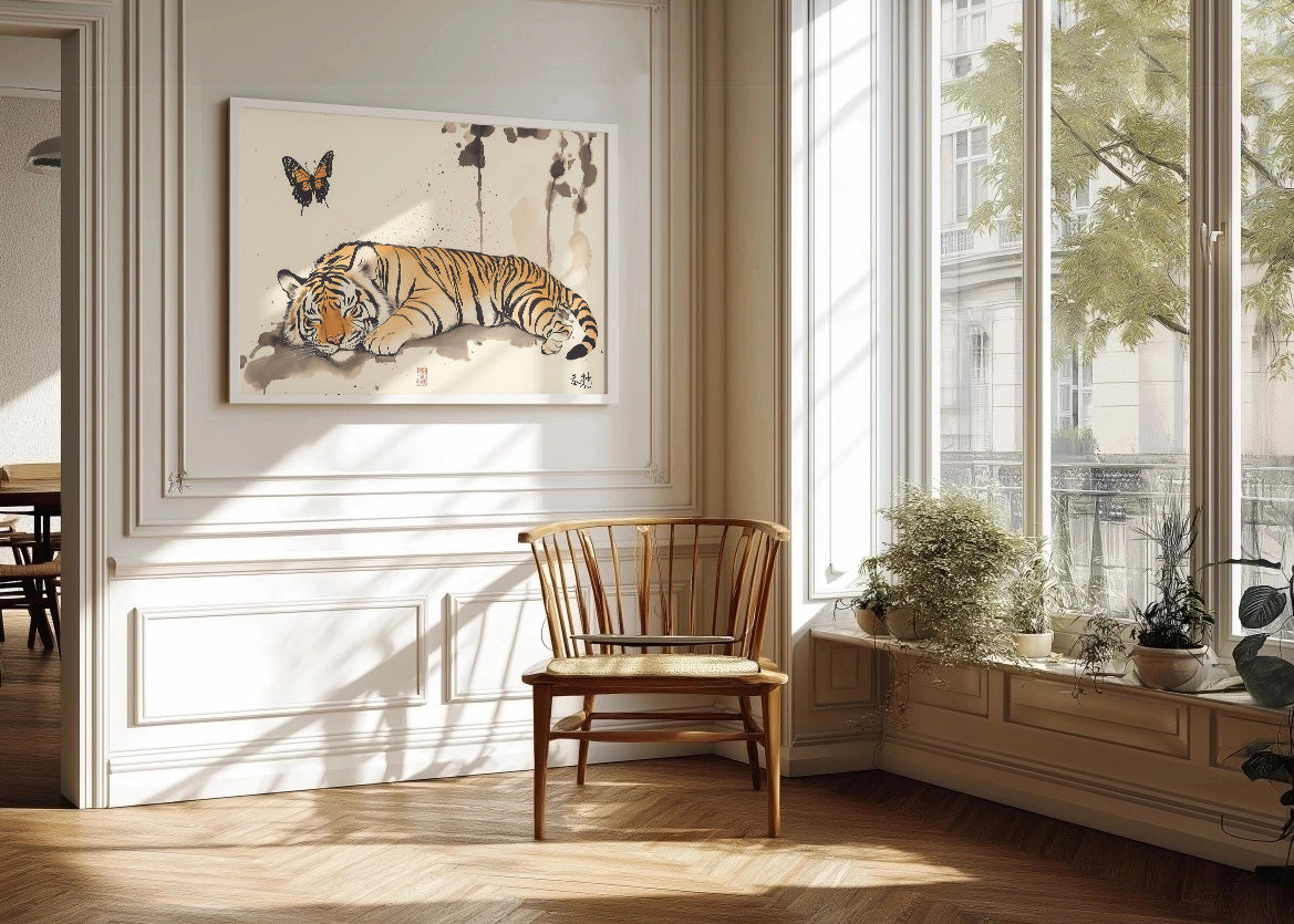 Cuadro Tigre japonés con mariposas