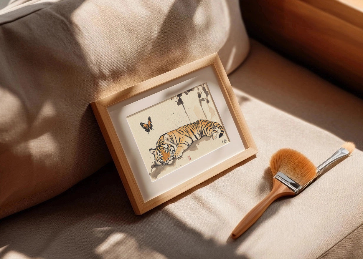 Cuadro Tigre japonés con mariposas