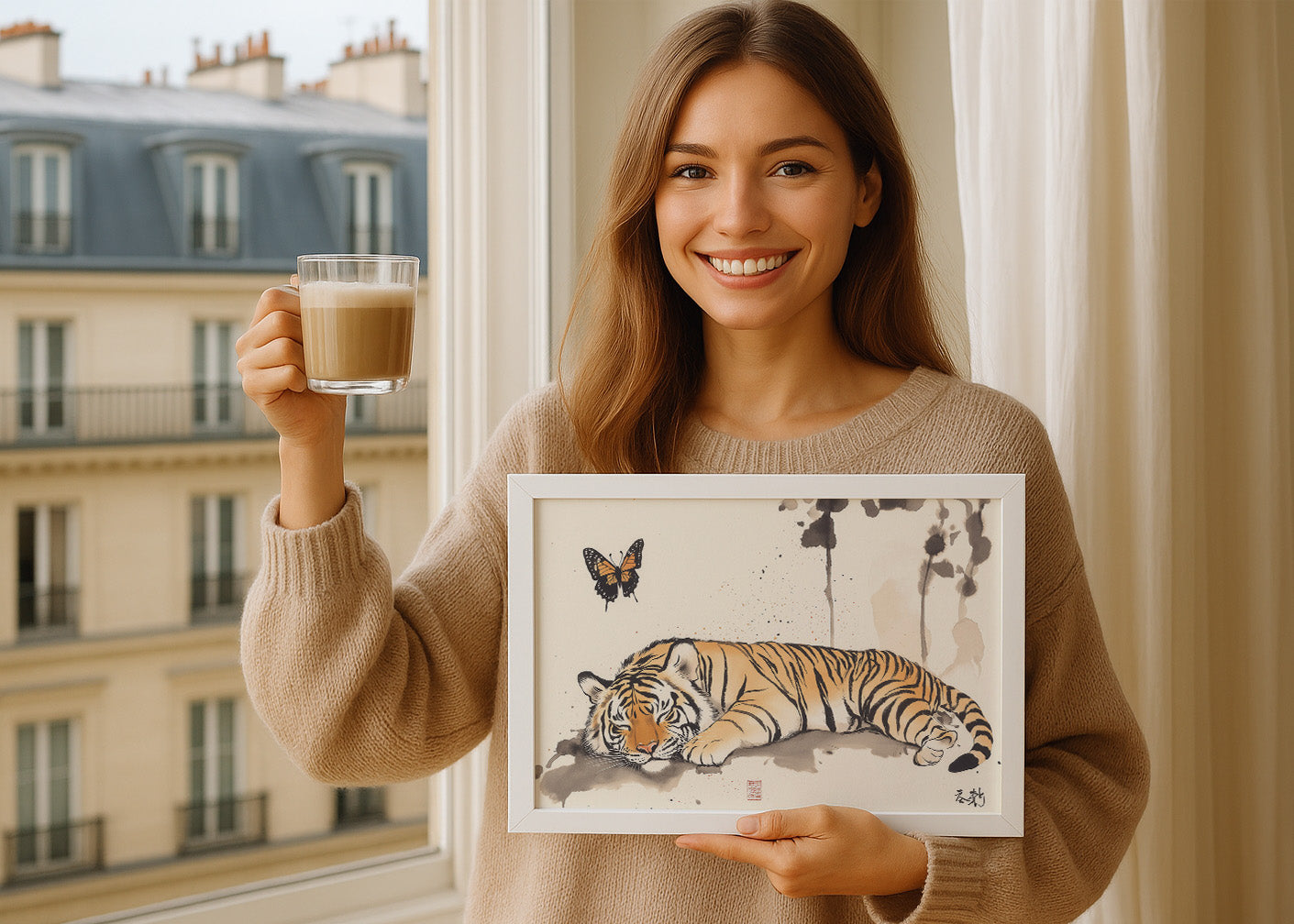 Cuadro Tigre japonés con mariposas