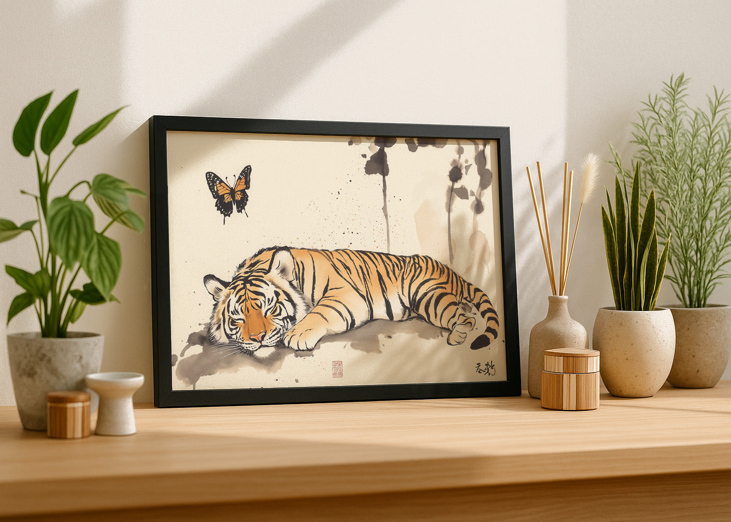 Cuadro Tigre japonés con mariposas