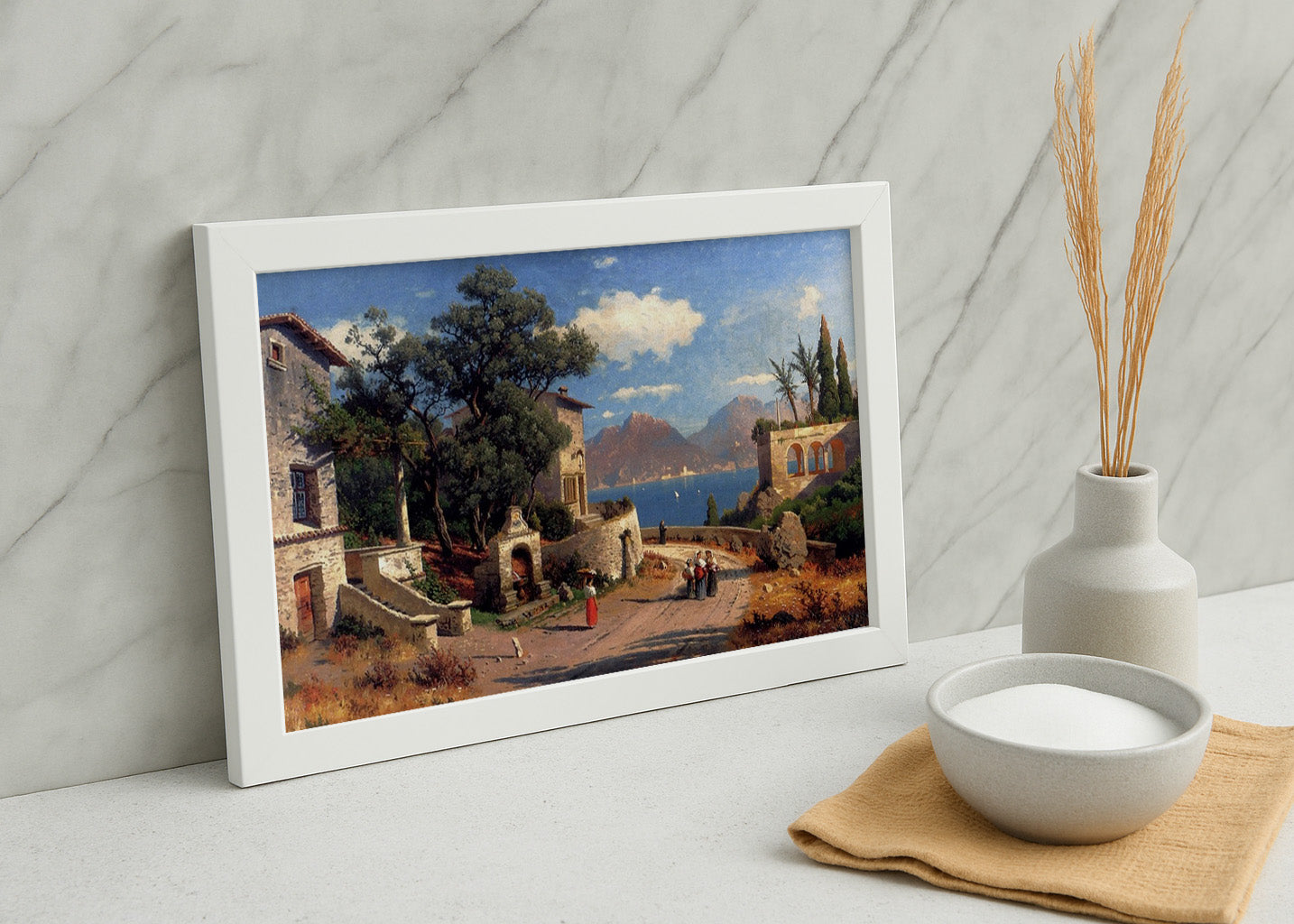 Cuadro Un pueblo italiano junto a un lago (Carl Gustav Rodde)