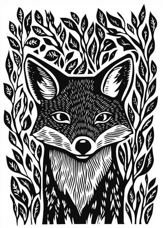 Cuadro Zorro diseño Linocut - blanco y negro