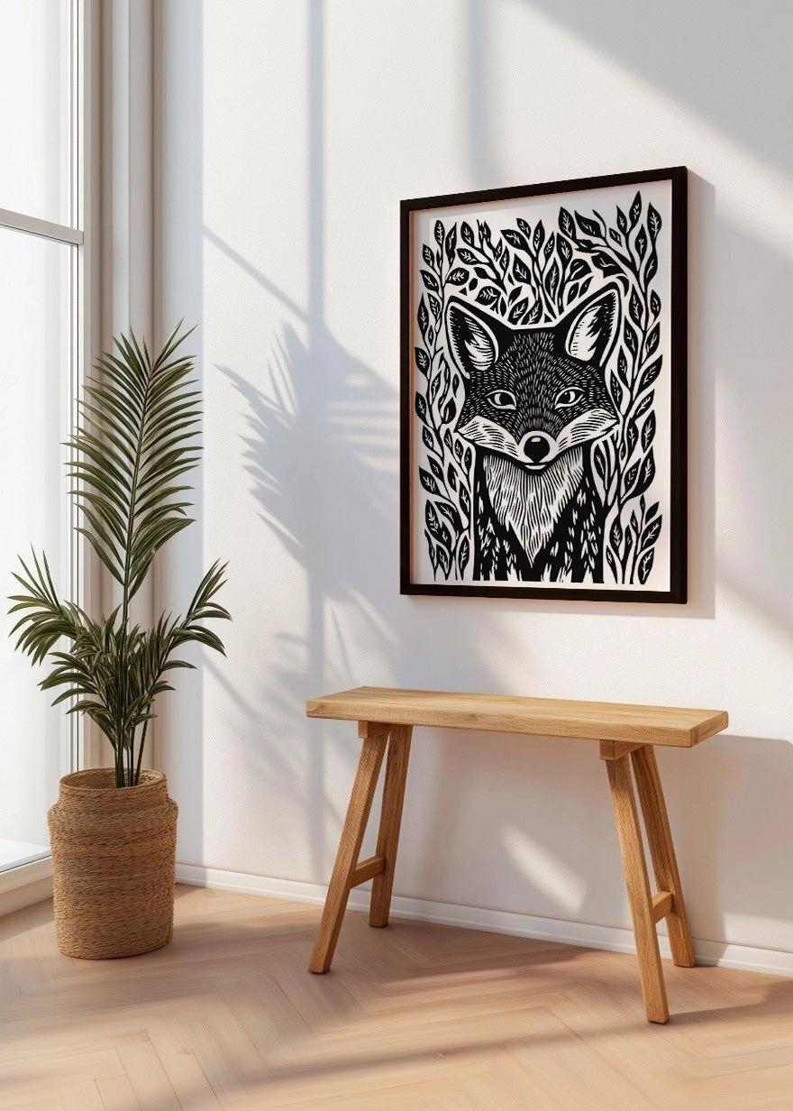 Cuadro Zorro diseño Linocut - blanco y negro