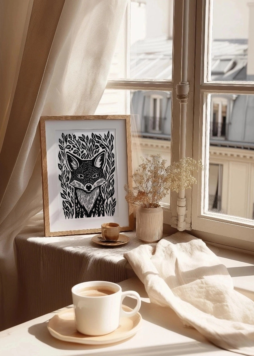 Cuadro Zorro diseño Linocut - blanco y negro