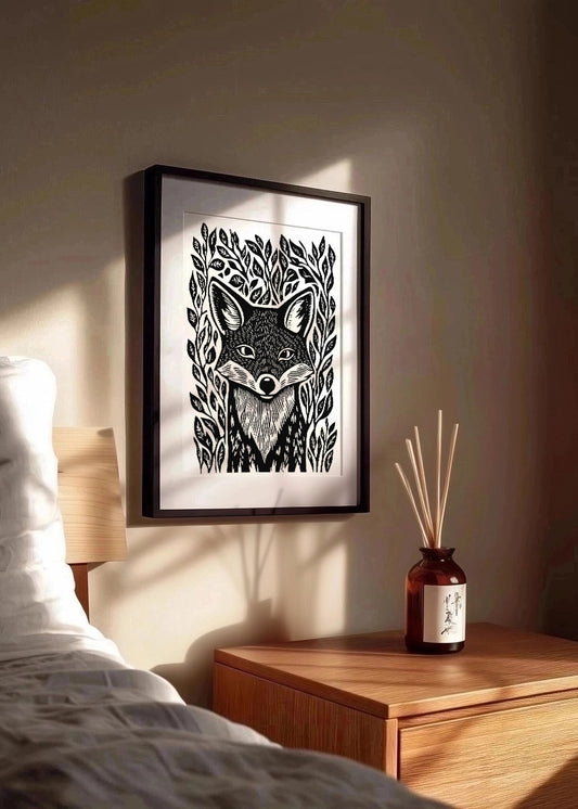 Cuadro Zorro diseño Linocut - blanco y negro