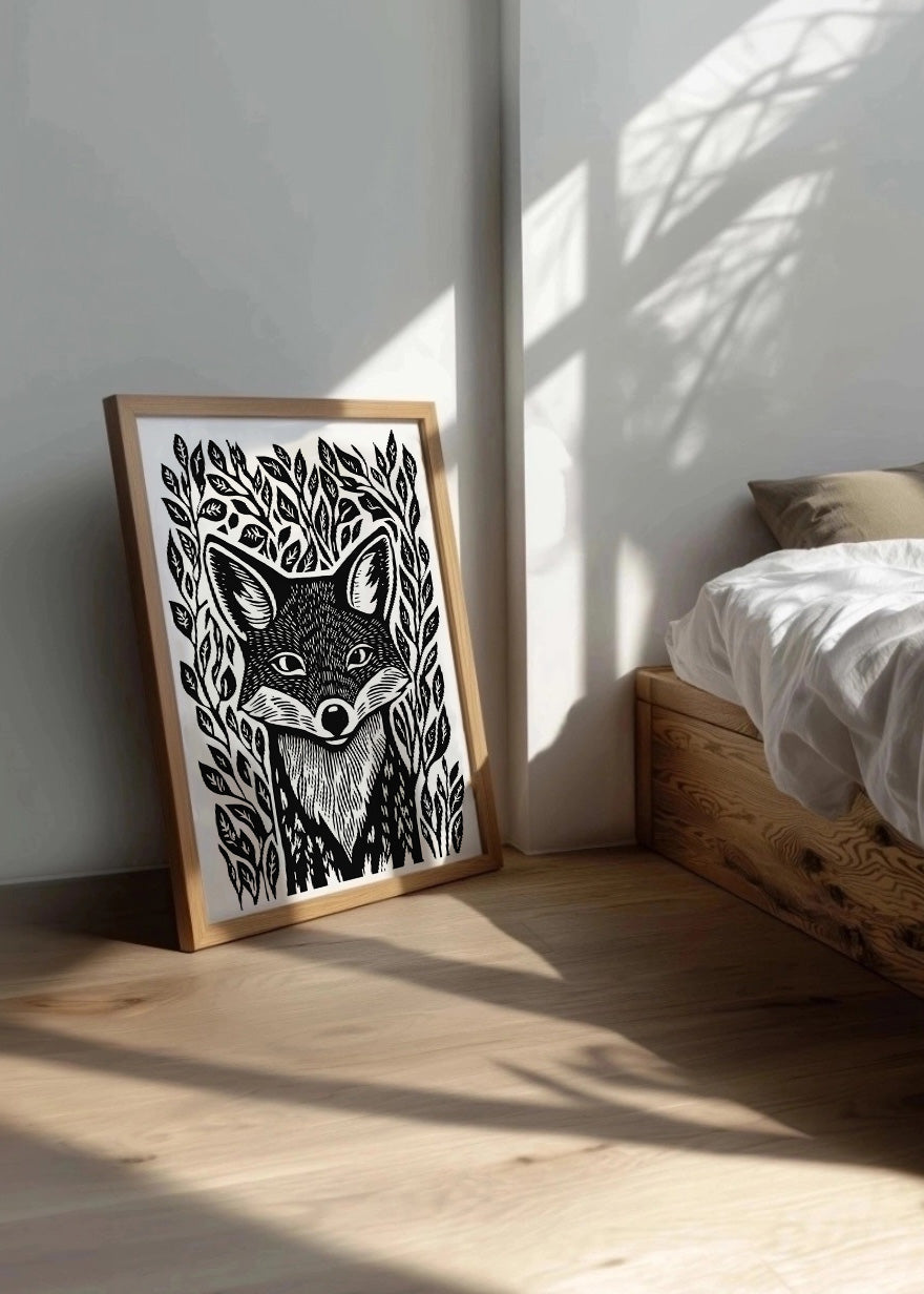 Cuadro Zorro diseño Linocut - blanco y negro