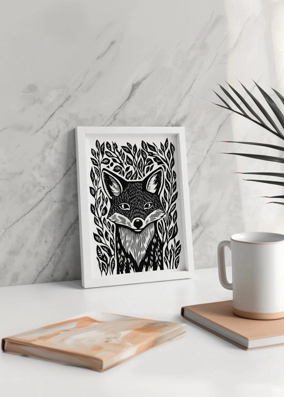 Cuadro Zorro diseño Linocut - blanco y negro