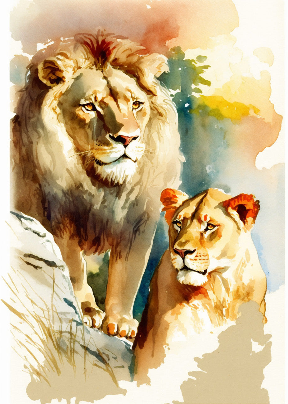 Cuadro León y leona estilo infantil acuarela
