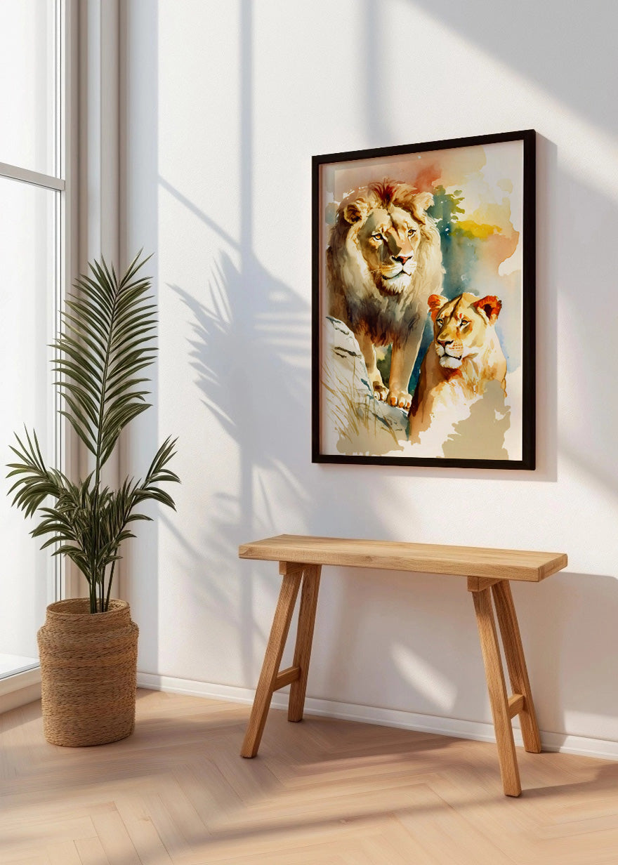 Cuadro León y leona estilo infantil acuarela