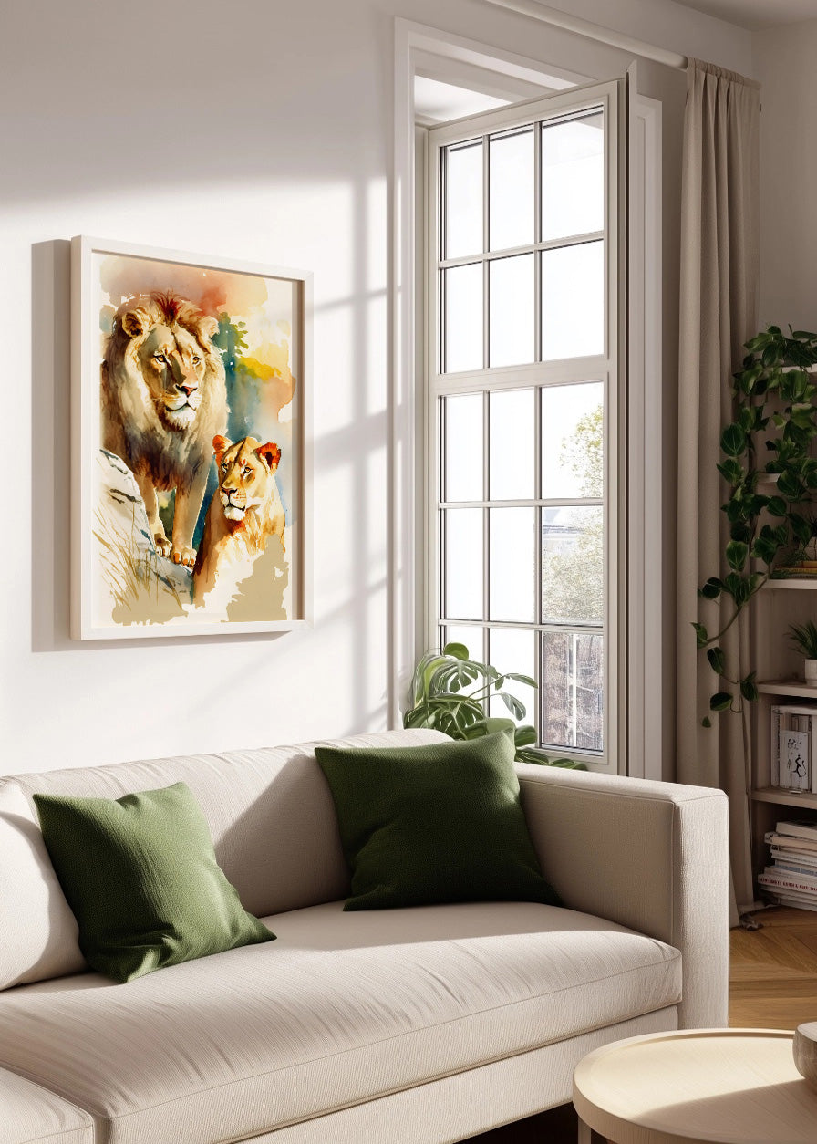 Cuadro León y leona estilo infantil acuarela