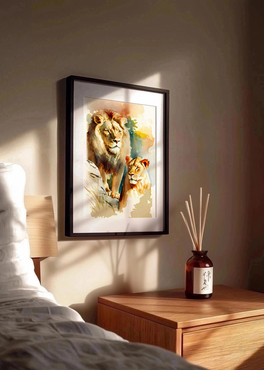 Cuadro León y leona estilo infantil acuarela