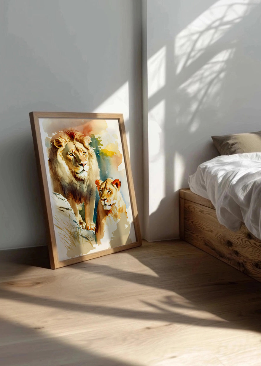 Cuadro León y leona estilo infantil acuarela