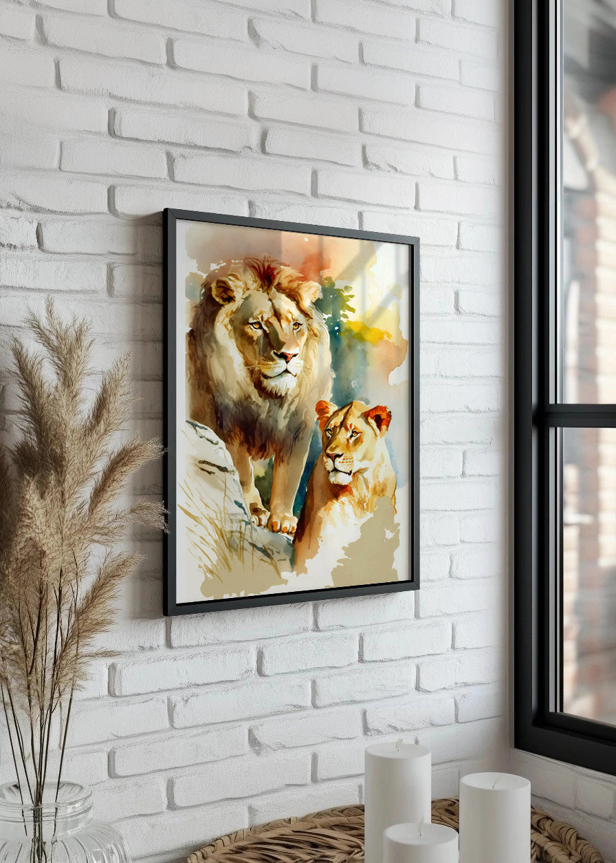 Cuadro León y leona estilo infantil acuarela