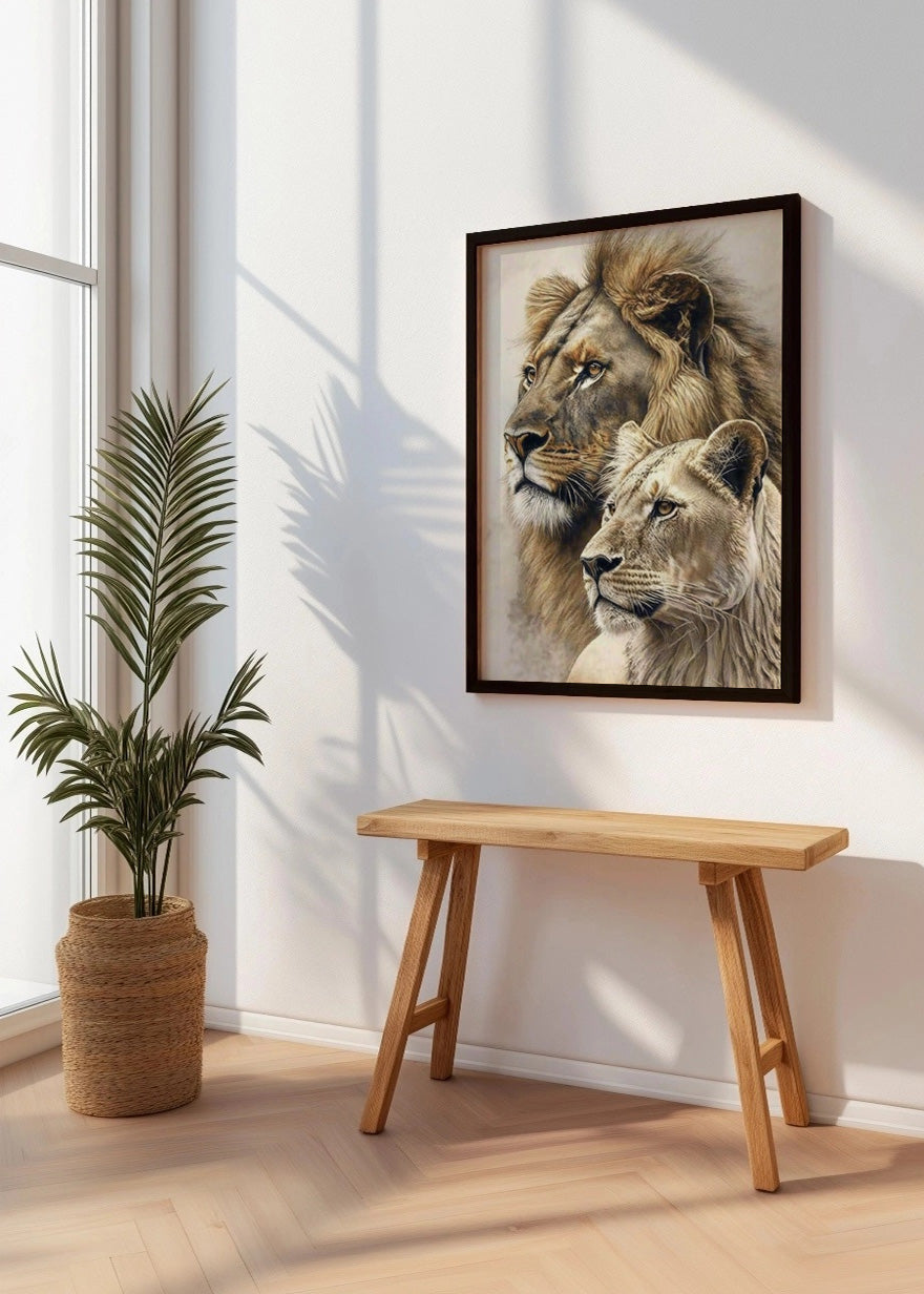 Cuadro León y leona mirando de perfil