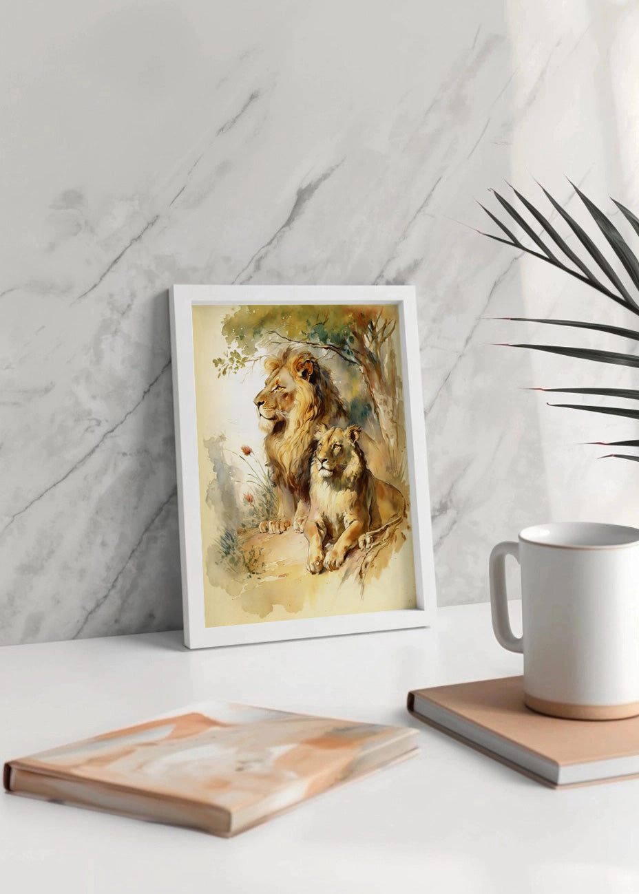 Cuadro León y leona sentados en pareja