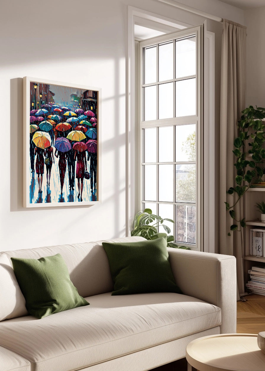 Cuadro Personas con paraguas de colores