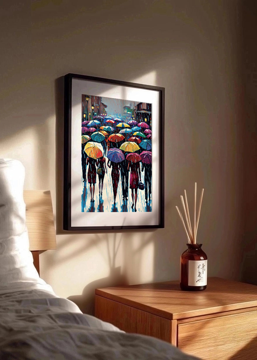 Cuadro Personas con paraguas de colores