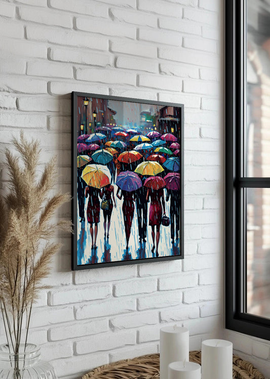 Cuadro Personas con paraguas de colores