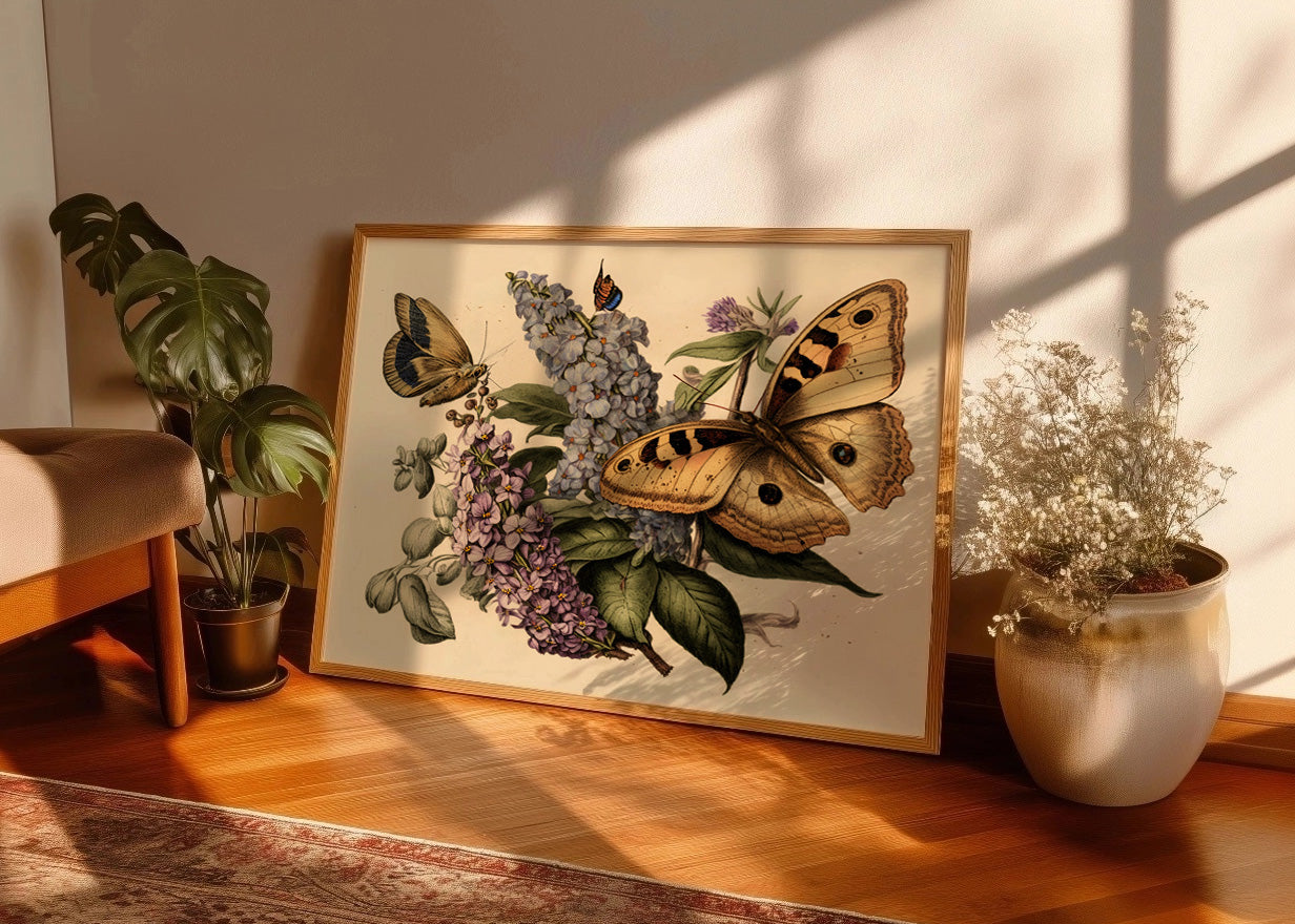 Cuadro Mariposas y flores estilo antiguo
