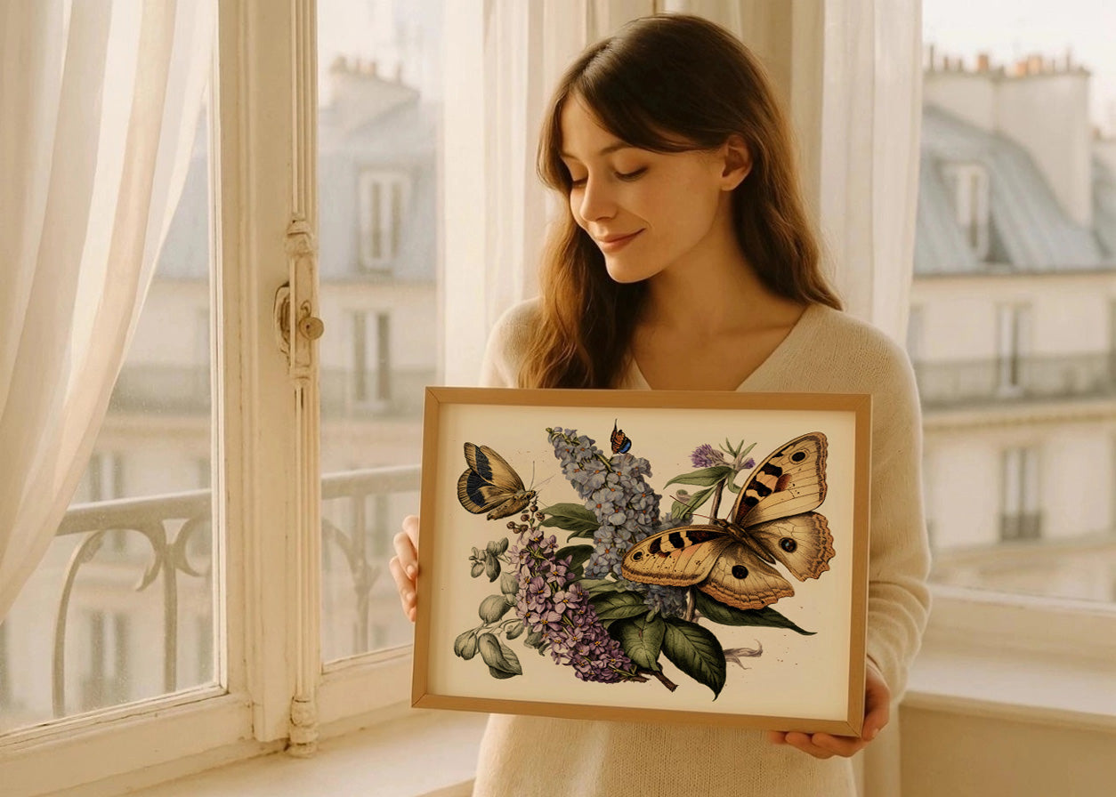 Cuadro Mariposas y flores estilo antiguo