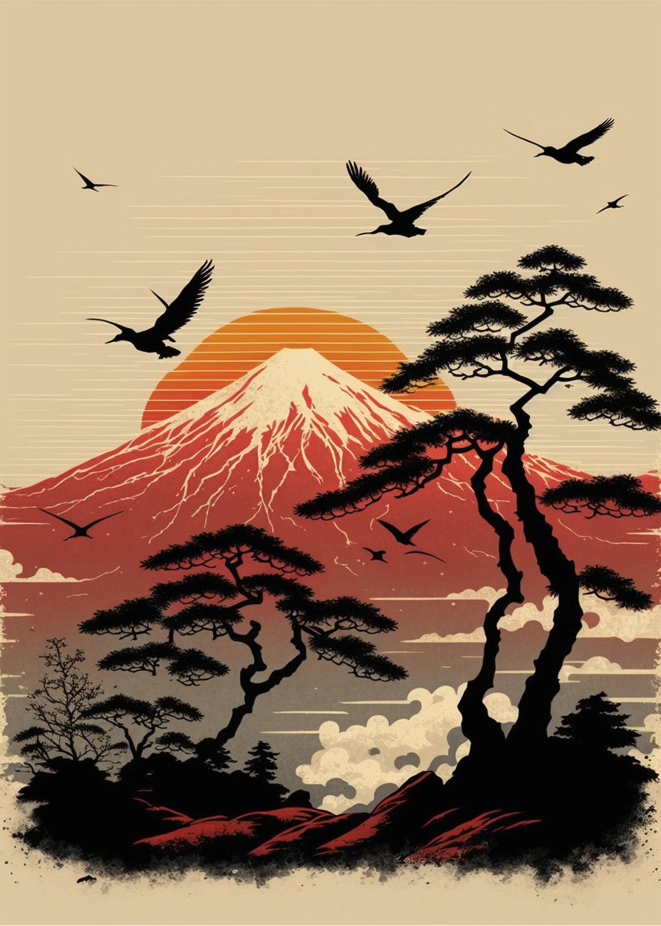 Cuadro Montañas y árboles estilo japonés