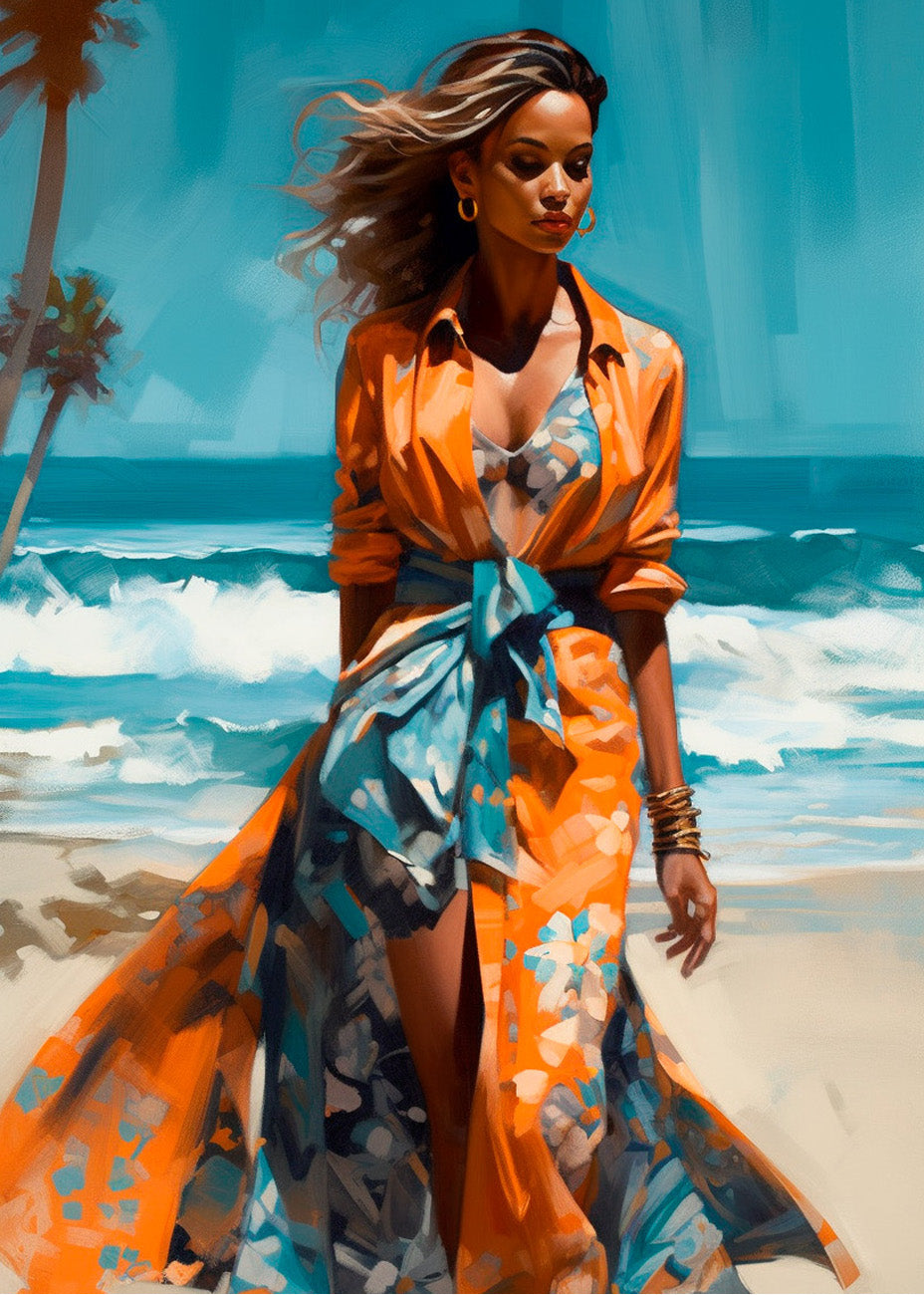 Cuadro Mujer en la playa - vestido naranja
