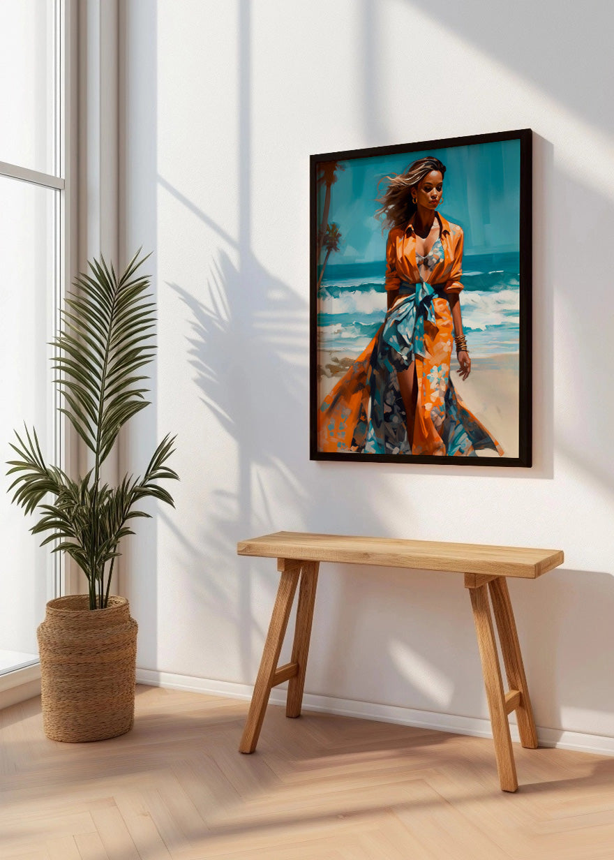 Cuadro Mujer en la playa - vestido naranja