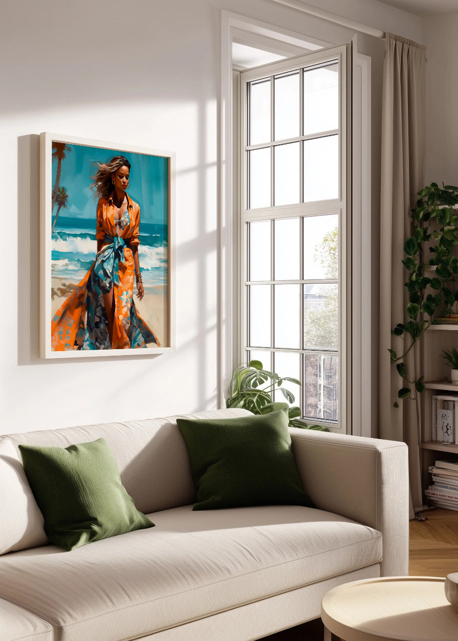 Cuadro Mujer en la playa - vestido naranja